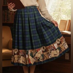 Vintage Sharon‎ Young plaid pleated novelty printed midi skirt academia tartan